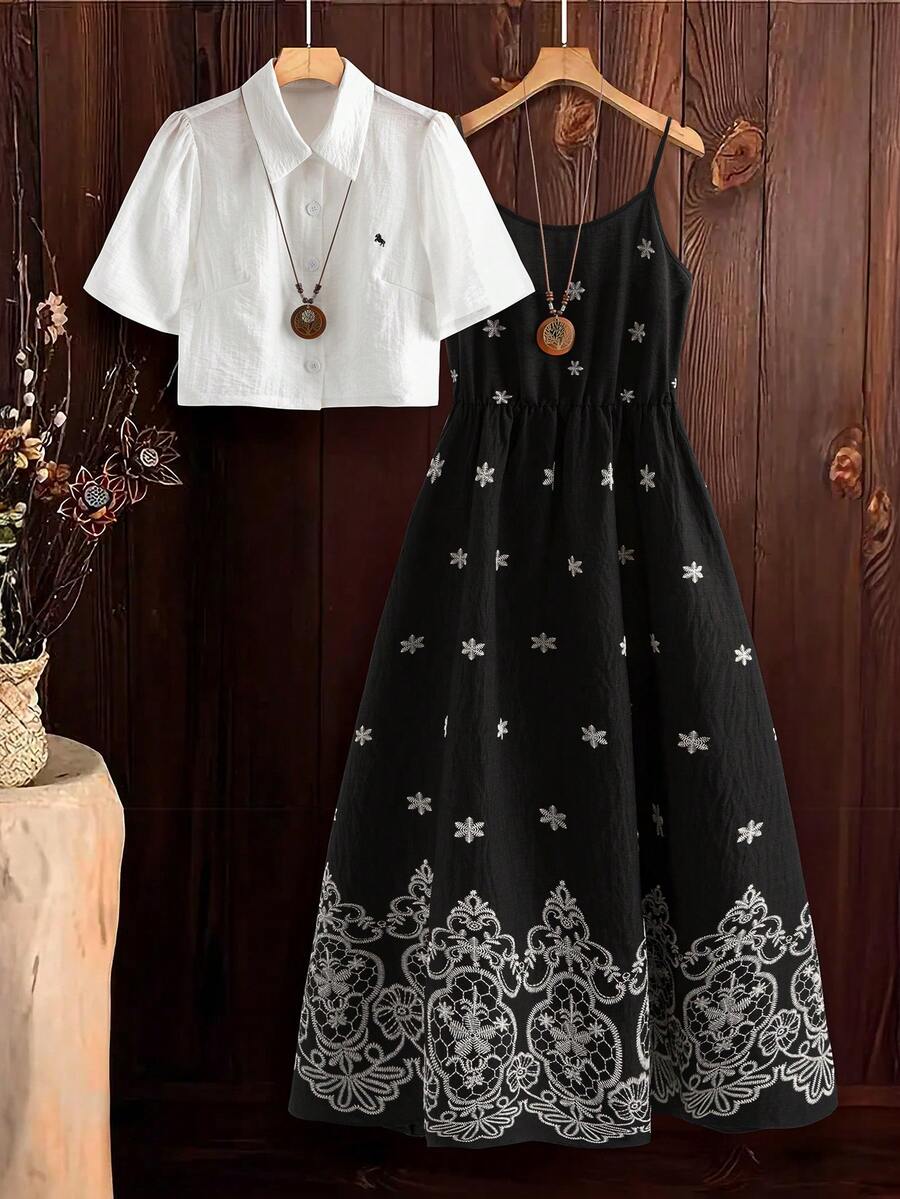 SHEIN Clasi Bộ đồ hai mảnh gồm áo hai dây in họa tiết toàn thân và áo khoác tay ngắn cài cúc phía trước dành cho nữ, thích hợp cho ngày Valentine, kỳ nghỉ hoặc mặc thường ngày.