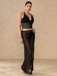 Swim Oasis 女士夏季沙滩纯色金属装饰吊带系带性感比基尼套装，含吊带上衣和纱笼裙 - 黑色 - 查看 12