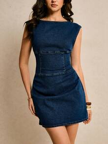 Poéselle 女士休闲修身牛仔连衣裙，夏季 - 深色水洗藍 - 查看 6