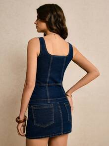 Blusa de mezclilla informal sin mangas de cuello cuadrado y abotonadura sencilla para mujer - Azul lavado medio 2 - Ver 2