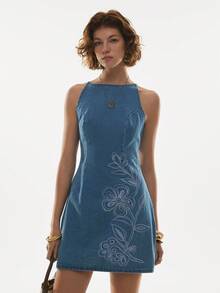 Poéselle 女士刺绣修身休闲无袖牛仔连衣裙 - 中等水洗藍 - 查看 7