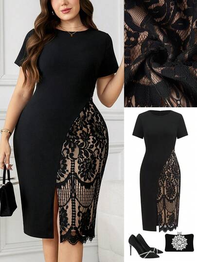 Ellevyn Plus Size Women's Summer Dress, Elegant Dress, Black Dress, Bodycon Dress, Black Patchwork PU Dress, Knee-Length Dress, Slit Dress, Short Sleeve Dress Carnival Costume Carnival Women Look 2026 Women Carnival Costume Carnival Outfit Carnival Costume For Women Women's Carnival Costume Spring Outfits For Women Spring Outfit Women Spring Break Outfits Summer Outfits For Women Summer Clothes Summer Vacation Outfits Summer Outfits For Woman Summer Clothes Women Elegant Dresses For Women Elegant Dress For Women Elegant Dresses For Party Elegant Dress Women