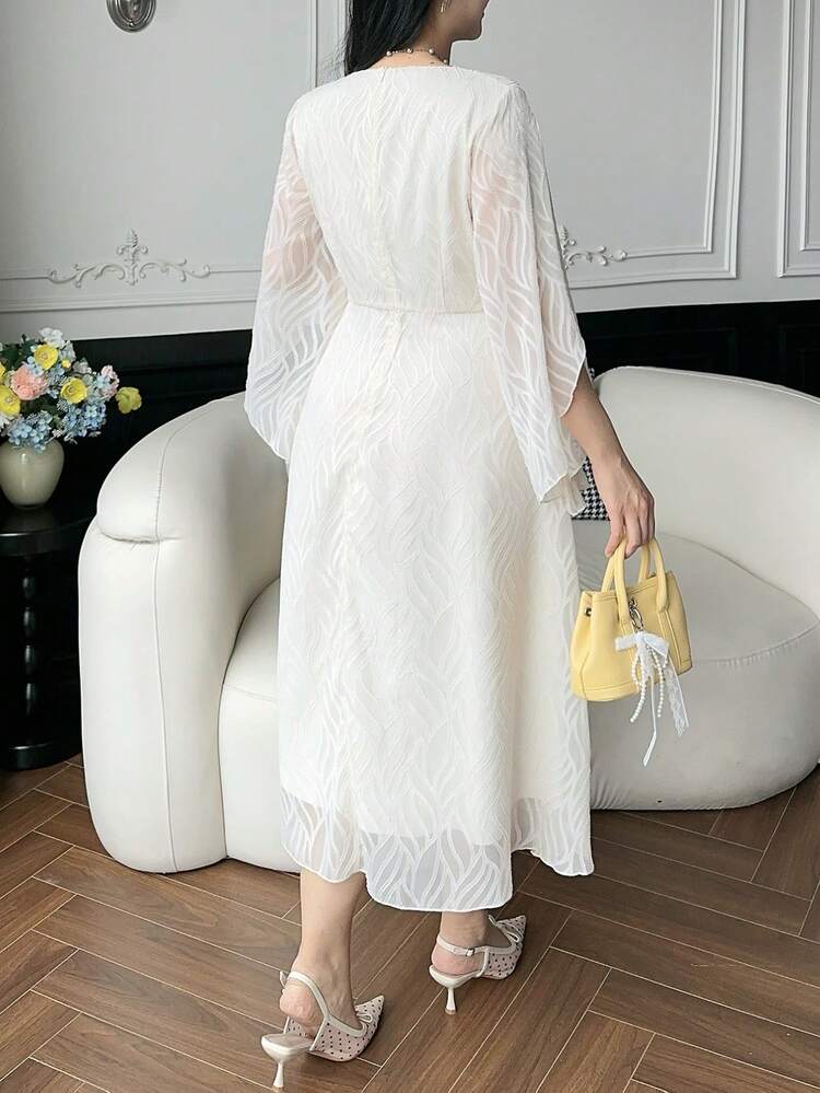 Dazy Plus Plus Size Elegant V-Neck Cinched Waist Textured Flare Sleeve Dress, Summer Sundress