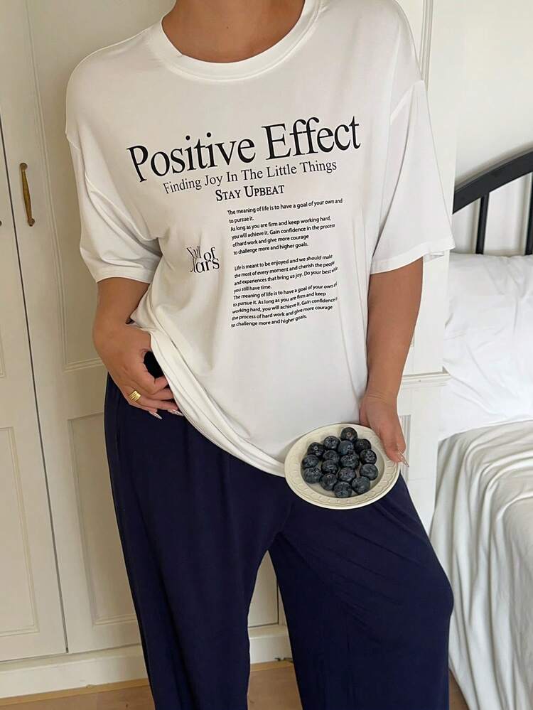 Dazy Plus Plus Size Women Slogan Print Short Sleeve Top And Pants Pajama Set