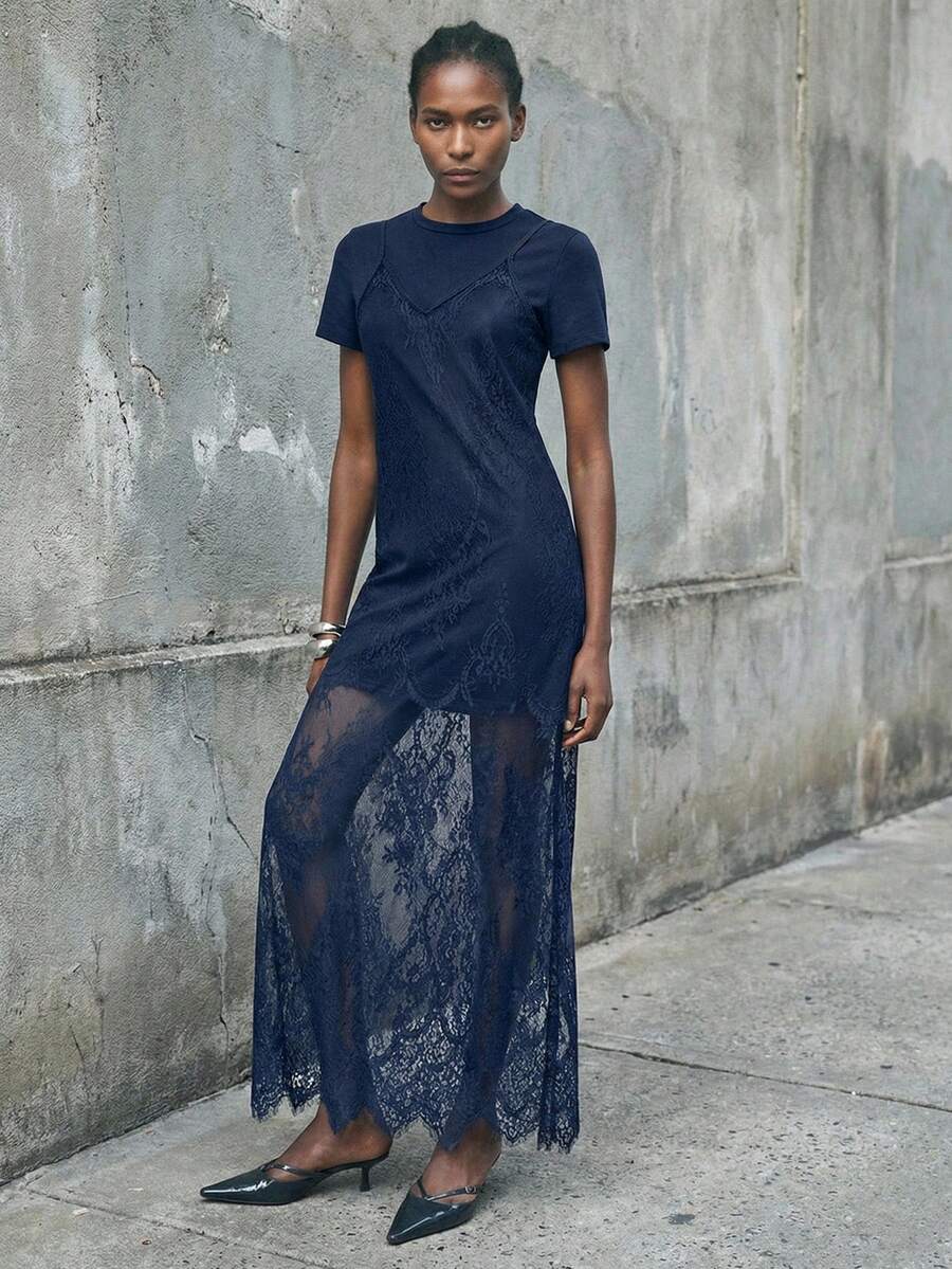 Maija 海军蓝性感蕾丝吊带连衣裙，两件套，适合多种场合：优雅派对、情人节、返校季、音乐节、正式社交活动、都市通勤、职场。
