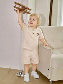 Souflis Souflis 2件套可爱小熊图案男婴法式休闲短袖T恤和裤子套装 - 杏色 - 查看 2