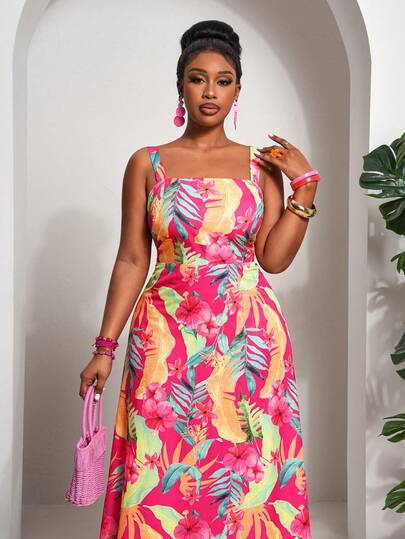 Slaydiva 大码女式碎花印花无袖修身A字连衣裙，腰部系带，休闲度假风，春夏款