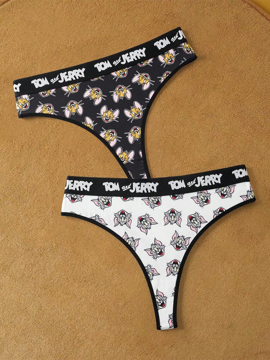 TOM & JERRY X SHEIN Quần lót nữ cỡ lớn, cạp chun in chữ và họa tiết hoạt hình, kiểu dáng thường ngày. - Đen và trắng - Xem 1