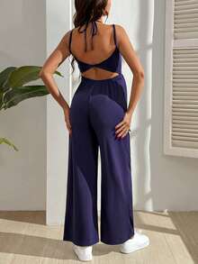 SHEIN Maternity Solid Color Spaghetti Strap Twist Back Jumpsuit - Blue - View 5
