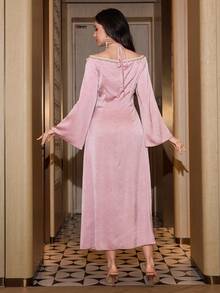 Modelyn Women's Elegant Romantic Long Dress With Embossed Texture, Cinched Waist, A-Line Silhouette, Long Sleeve, Spring/Summer - Pink - View 2