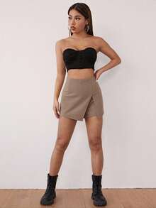 SHEIN Cottnline Plus Size Solid Color Split Front Skort Split Thigh Skort Asymmetrical Skort - Khaki - View 3