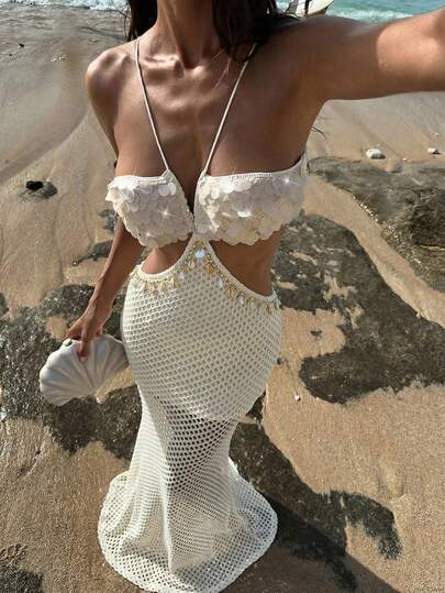 Opulessa Women's Apricot Knitted Fabric Sleeveless Mermaid Maxi Dress With Spaghetti Strap And Knot Details, Sexy Fitted Plain Design,Spring Summer Vacation Dress, Elegant Dress For Party, Luxury Evening Dress For Weddings, Graduation Outfits, Ceremony Outfits, Bridesmaid Outfits