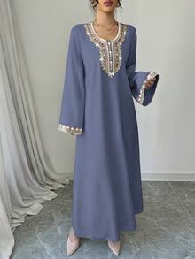 Al Najma Đầm dài tay cổ chữ V dáng rộng in họa tiết kiểu Ả Rập dành cho nữ - Màu xanh bụi bặm - Xem 5