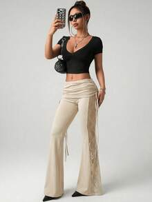 SHEIN ICON Women's Black Lace Side Splice Vacation Sexy Waist Drawstring Flare Pants - Apricot - View 5