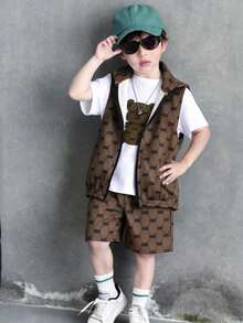 Young Boys 3-Piece Set: Cute Bear & Letter Print Soft Knit Crew Neck Short Sleeve Top, Vest, And Shorts, Casual, Comfortable, Versatile For Daily Wear, Travel, Outdoor, Holidays, Beach, Summer - Khaki - View 7