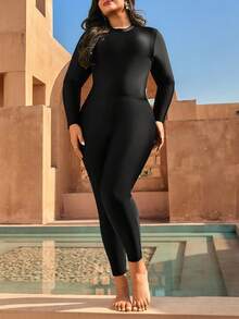 SHEIN Swim Plus Size 3-Piece Set,Black Long Pants,Sleeve Crew Neck Top&Red Flower Patterned Skirt,Modest Middle Eastern Burkini Swimwear Set,Summer,Beach,Holiday - Multicolor - View 6
