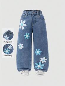 Jeans acampanados con bordado de copos de nieve lavados y desgastados para niña de moda - Azul - Ver 8