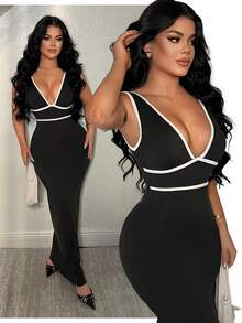 SHEIN SXY Women's Deep V-Neck Elegant Waist Cinching Party Dress,Black , ,Summer ,Spring ,Valentine's Day, Low Cut Curve Bodycon V And White Women - Black and White - View 6