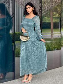 Modelyn Vestido largo de fiesta elegante con cintura ceñida y plisado jacquard para mujer - Azul - Ver 3