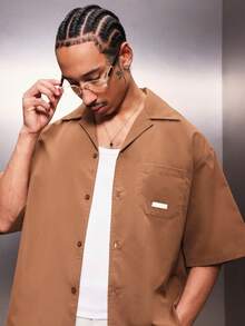 PLAYBOY X SUMWON Men's Essential Cropped Reviere Collar Short Sleeve Button Down Shirt With Bunny Logo Back Print Casual Summer Top - Brown - View 4