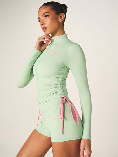 Missguided x Playboy Contrast Tie Ruched Active Zip Up Jacket With Long Sleeves And High Neck For Casual Wear And Athletic Activities