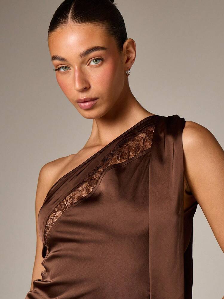 One Shoulder Satin Blouse With Lace Detail