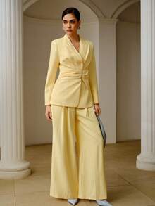 ZEYLAH BLAZER PARA MUJER CON PLIEGUES PLEGADOS Y DECORACIÓN DE LAZO, PARA PRIMAVERA Y VERANO - Amarillo - Ver 3