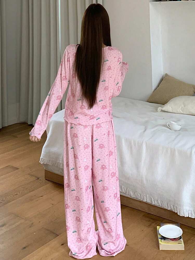 2pcs/Set Women Cute Bear & Ditsy Floral Full Graphic Long Sleeve T-Shirt And Loose Straight Leg Long Pants Pajama Set, Spring/Autumn