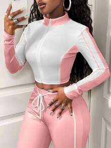 SHEIN BamGlam Ensemble décontracté 2 pièces pour femmes, design blocs de couleurs, veste zippée à manches longues et pantalon à cordon de serrage, automne - Rose bonbon - Voir 6