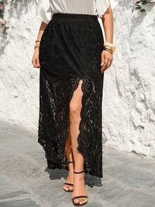 Miaspire Plus Size Women's Summer Casual Vacation Elegant Floral Lace Slit Solid Color Black Long Skirt, Summer Holiday,Spring Break, Vacation Women, Holiday For Women,Going Out,2026 New,Simple And Fashionable For Everyday Wear,Suitable For Summer, Vacation, Commute, Daily Wear,Black Skirt,Beach For Women - Black - View 3