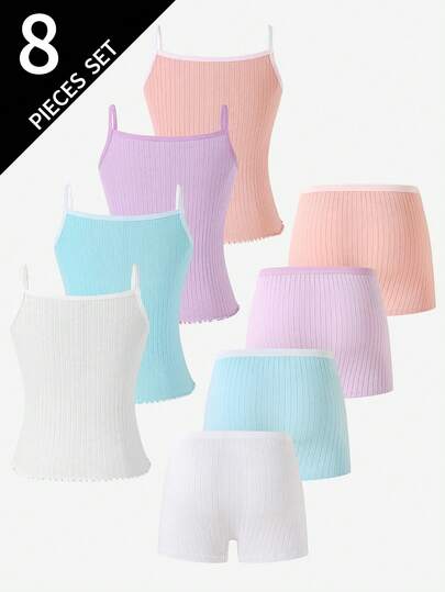 4-Color Girls' Textured Cotton Camisole & Boyshort Underwear Set, Includes Ivory, Pink, Purple, Light Blue
