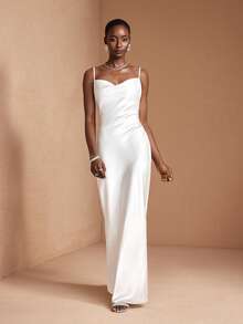 JIAN LASALA 优雅白色缎面吊带垂领无袖美人鱼长裙，适合婚礼派对和婚礼宾客穿着。 - 白色 - 查看 5