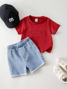 SHEIN 2pcs Baby Boy Summer Casual Letter Print T-Shirt And Light Blue   Shorts Set - Red - View 9