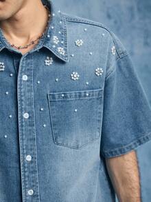 ROMWE MEN Grunge Punk 男士时尚珍珠装饰牛仔短袖上衣 - 棕色 - 查看 2