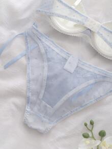 Light Blue Polka Dot Lace Patchwork, Bow Accent, Sheer Mesh Fabric Lingerie Set - Baby Blue - View 5