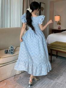 DAZY Đầm slip tay ngắn xếp ly họa tiết hoa nhí, đầm maxi cổ vuông thanh lịch dành cho công sở. - Màu xanh lam - Xem 7