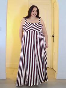 Pretty and Ole 女士优雅无袖条纹中长连衣裙，夏季 - 咖啡棕 - 查看 1