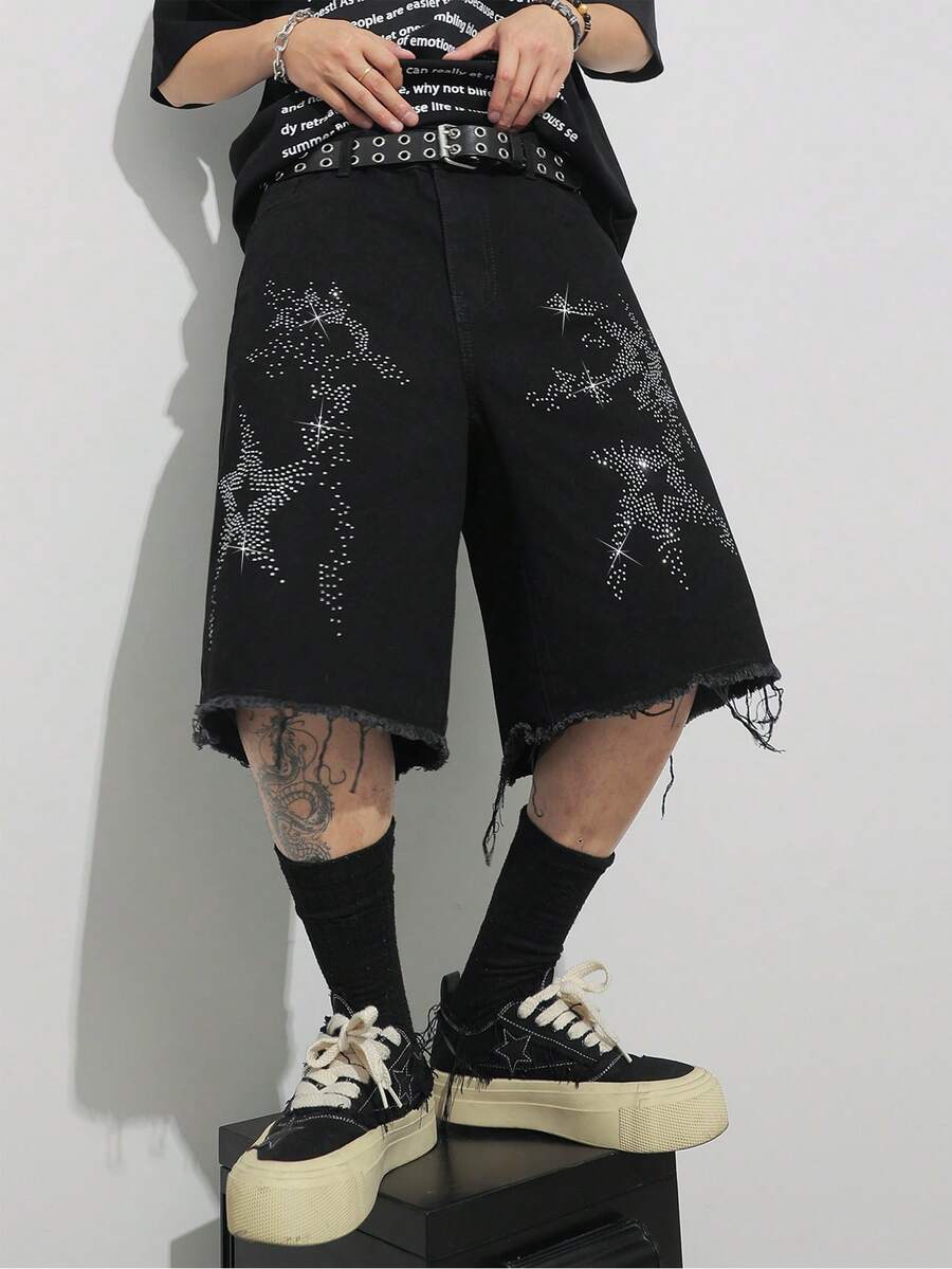 Manfinity EMRG American Streetwear Washed Black Rhinestone Embellished Denim Shorts - Black - View 1