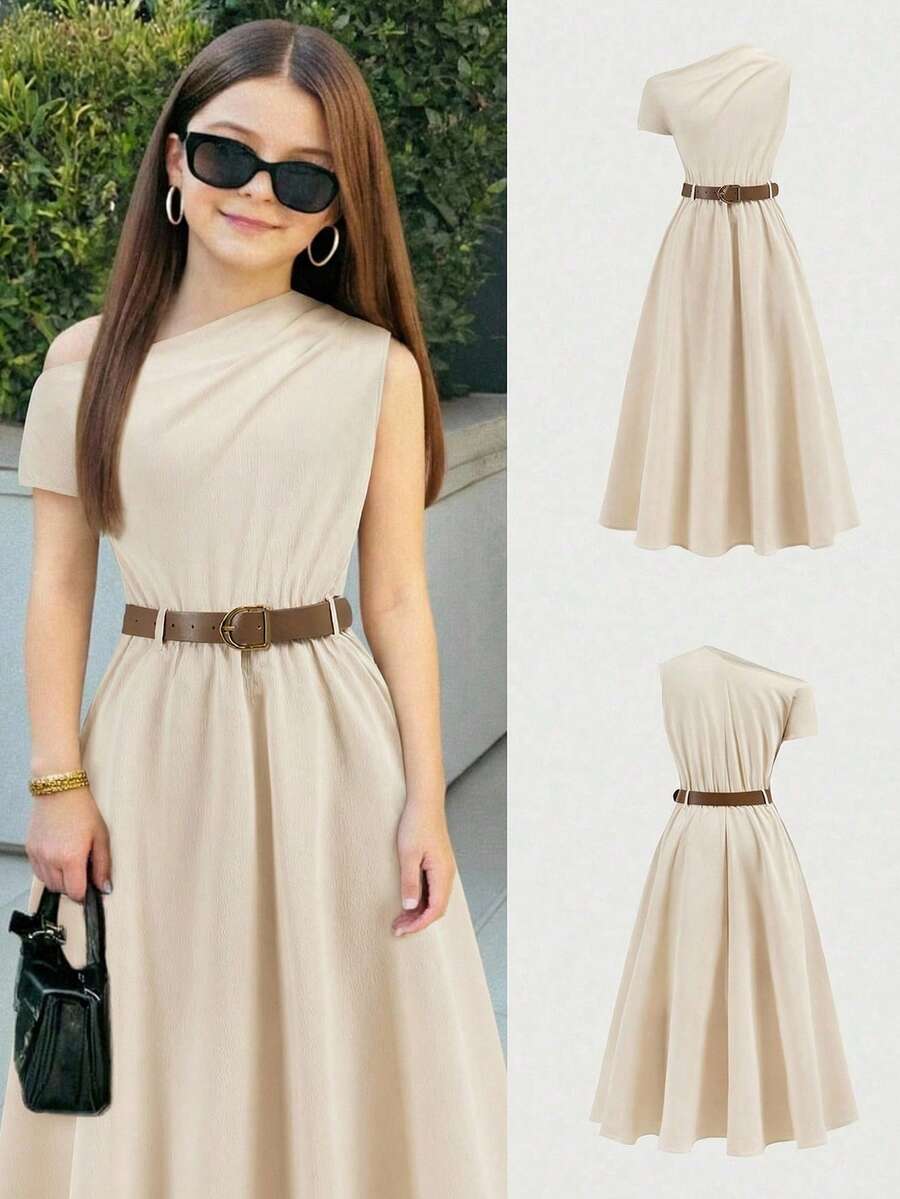 Firerie Kids Đầm chữ A màu kaki thanh lịch dành cho bé gái tuổi teen, thích hợp mặc đi làm hàng ngày, kiểu dáng bất đối xứng vai, có thắt lưng. - Màu Khaki - Xem 1