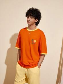 Felipe Marques Men's Animal & Plant Print Short Sleeve Loose T-Shirt, Orange & Yellow, Casual For Spring, Summer, Vacation, Party, Beach - Orange - View 4
