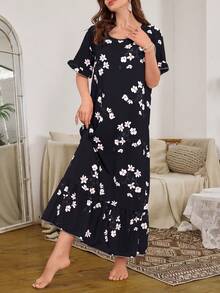 Serenescape Camisón largo con estampado floral, volantes y bordes con efecto de burbujas, lujoso atuendo de estar en casa, Moo Moo - Negro - Ver 6