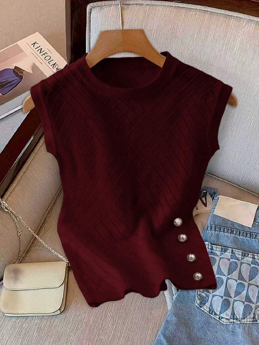 GlowEve Blusa de punto de unicolor con cuello redondo y decoración de botones, versátil y casual - Burdeos - Ver 1
