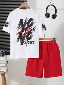 Vacaura 2pcs/Set Graffiti Slogan T-Shirt And Vibrant Red Shorts Sports Outfit, Essential For Fashionable Youths - Multicolor - View 8