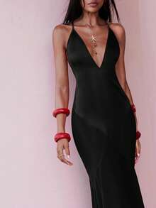 Opulessa Women's Solid Color Deep V Neck Backless Dress,Summer Dresses For Women - Black - View 4