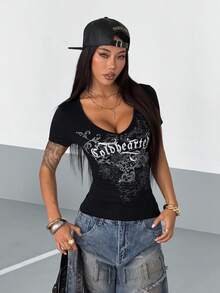 StreetHx Damen 2000er Jahre Streetwear Grafik T-Shirts, anliegende T-Shirts, inspiriert von der Gothic Subkultur, lässig für Frühling/Herbst - Schwarz - Übersicht 4