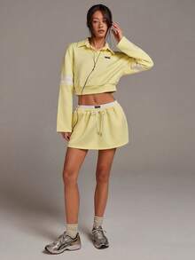Athîral Áo sweatshirt nữ tay dài cổ bẻ dáng ngắn màu vàng, kiểu dáng thường ngày. - Vàng nhạt - Xem 3