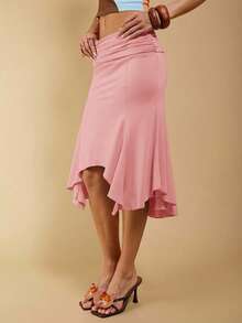 COSMINA Falda marrón elegante y asimétrica con drapeado, adecuada para primavera y verano - Rosa - Ver 5