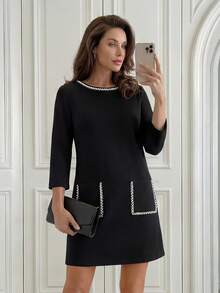 Miaspire Váy ngắn hai túi đính ngọc trai thanh lịch dành cho nữ - màu đen - Xem 5