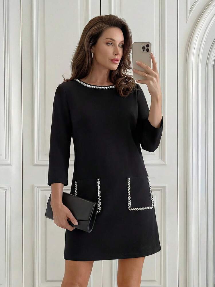Women's Elegant Commuter Pearl Decor Double Pocket Short Dress Winter Dress Fall Dresses For Women Party Dress Going Out Outfit New Year Dress