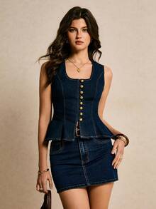 Poéselle Women's Casual Everyday Office Commute Single-Breasted Square Neck Peplum Hem Denim Tank Top, Summer - Blue - View 5